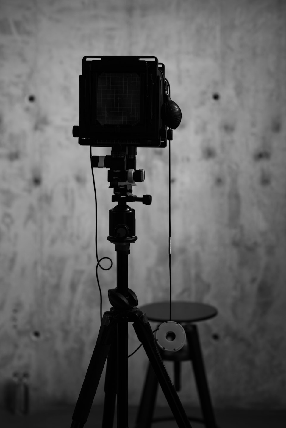Großformatige Filmkamera auf einem Stativ im Studio.